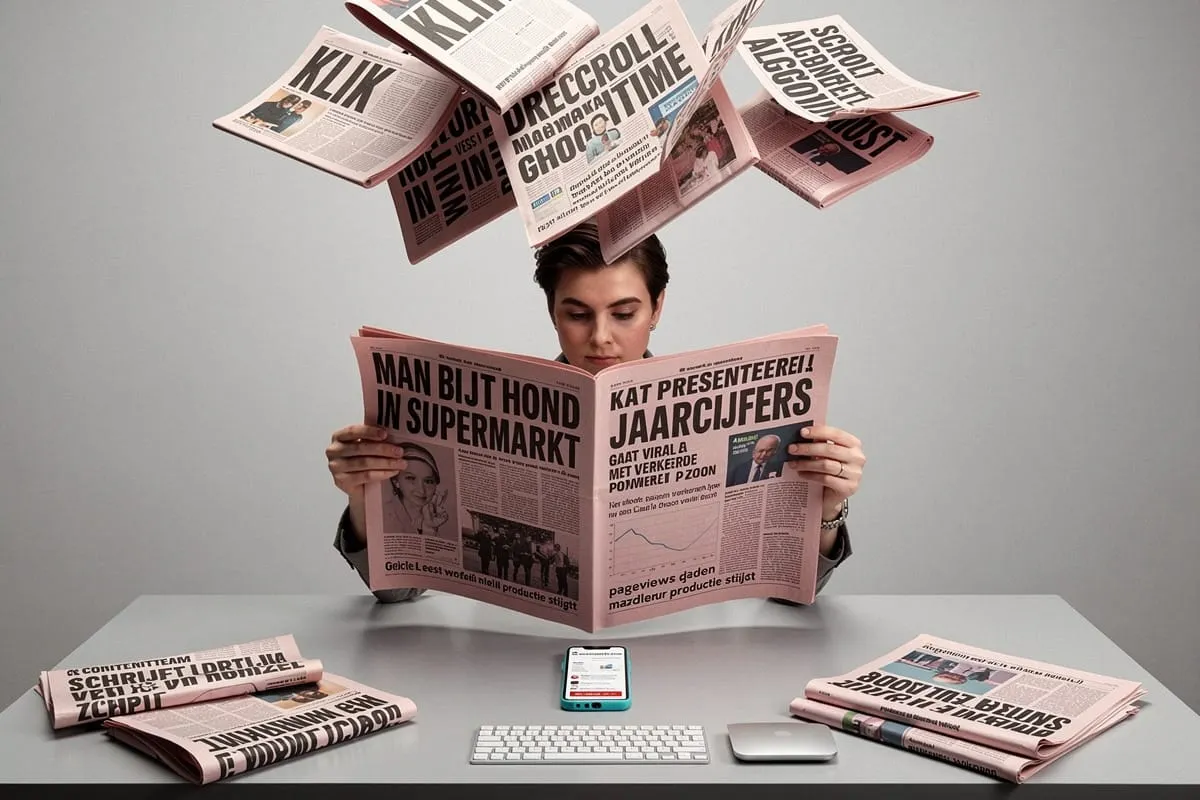 Persoon leest roze krant aan bureau terwijl meerdere kranten boven hoofd zweven, smartphone en toetsenbord op tafel