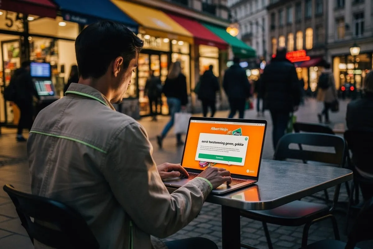 Man werkt op laptop met Albert Heijn cookie-melding op scherm, zittend aan straatterras in avondlijke stad