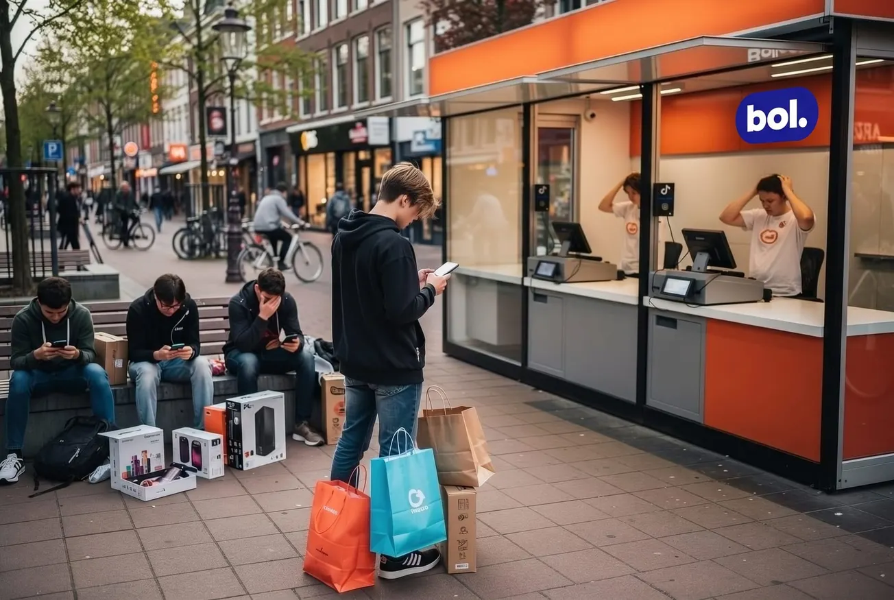 Jongeren met tassen en dozen bij Bollcom-winkel op straat, kijkend op telefoons
