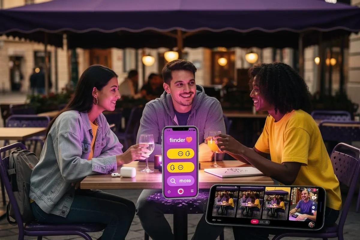 Drie mensen aan terras tafel met groot Tinder-telefoonscherm op voorgrond, tablet toont video-opname daarnaast