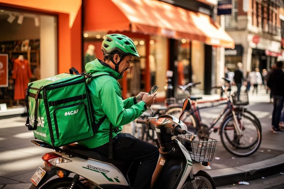 Bezorger in groen uniform op scooter controleert smartphone op straat met winkels en fietsers op achtergrond