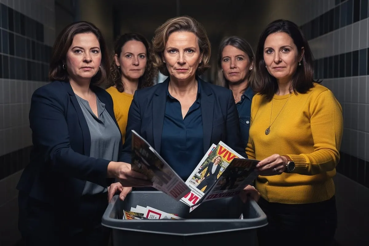Vijf vrouwen in zakelijke kleding rond prullenbak, centrale figuur legt VIVA-magazine erin, donkere kantoorachtergrond