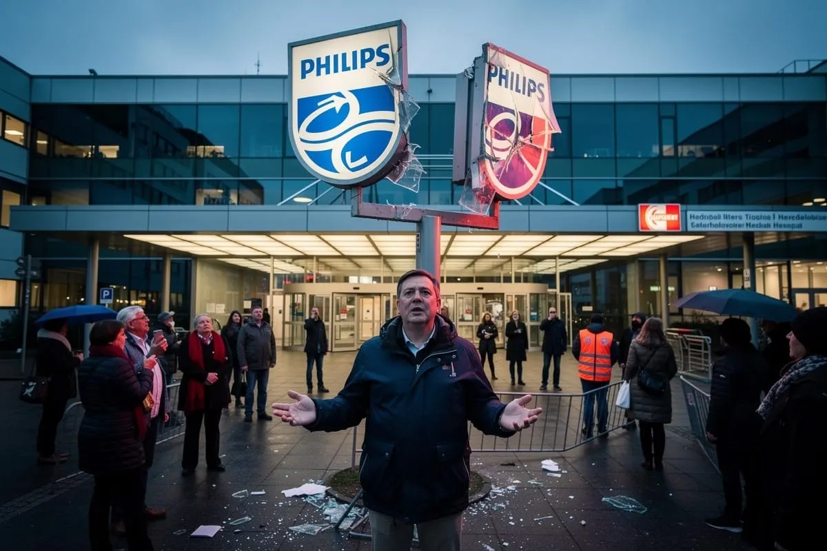Man met gespreide armen voor Philips-gebouw met beschadigde logo's, omringd door toeschouwers bij schemering