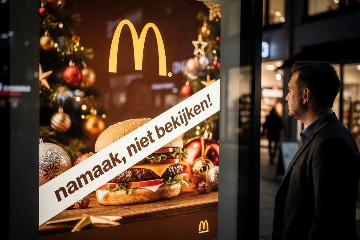 Man kijkt naar McDonald's reclameposter met hamburger en Nederlandse tekst 'namaak, niet bekijken' bij kerstversiering