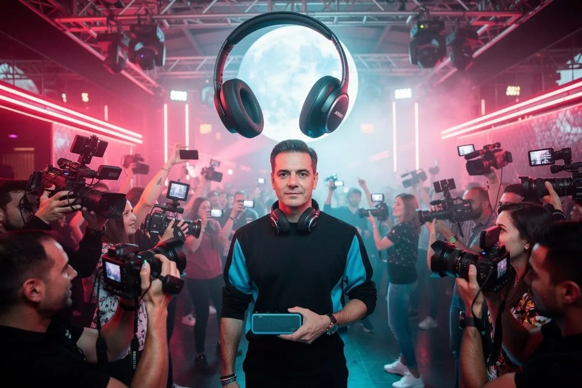 Man in zwart-blauw shirt met speaker, omringd door cameraploegen onder reusachtige zwevende koptelefoon in roze-blauw licht.