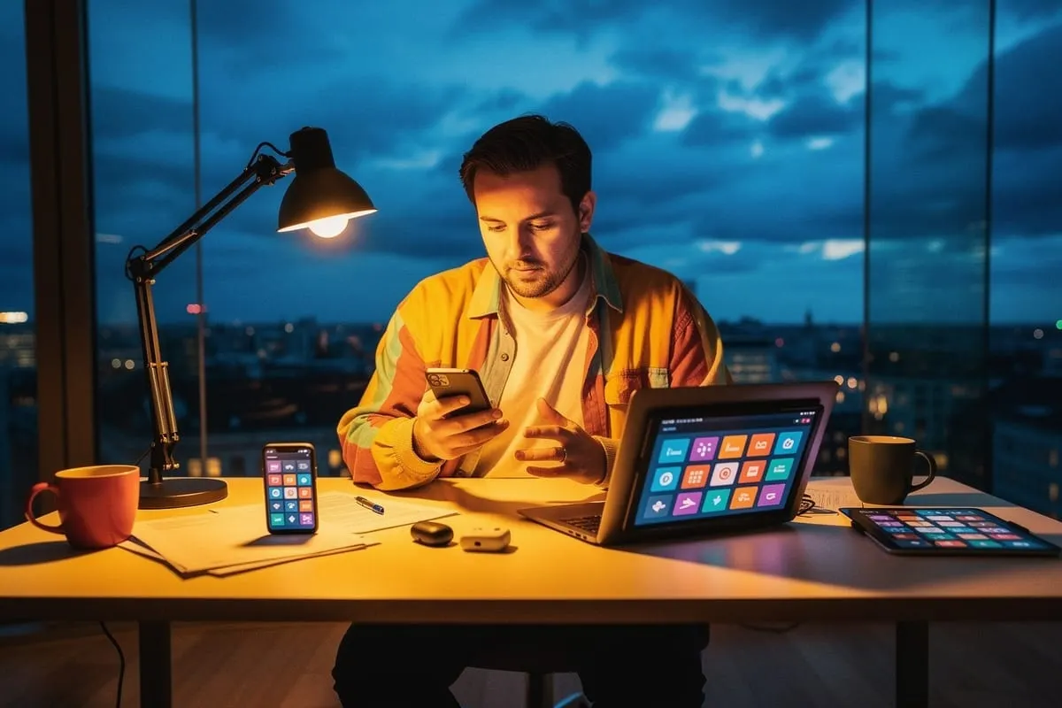 Man in geel overhemd werkt 's avonds aan bureau met smartphone, laptop, tablet en meerdere schermen verlicht door bureaulamp