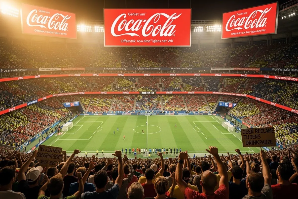 Vol voetbalstadion met Coca-Cola reclame op schermen, publiek houdt protestborden omhoog tijdens wedstrijd
