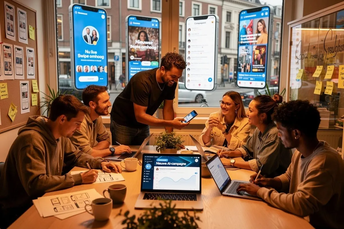 Team vergadert rond tafel met laptops en smartphone, grote schermen tonen app-interfaces op achtergrond