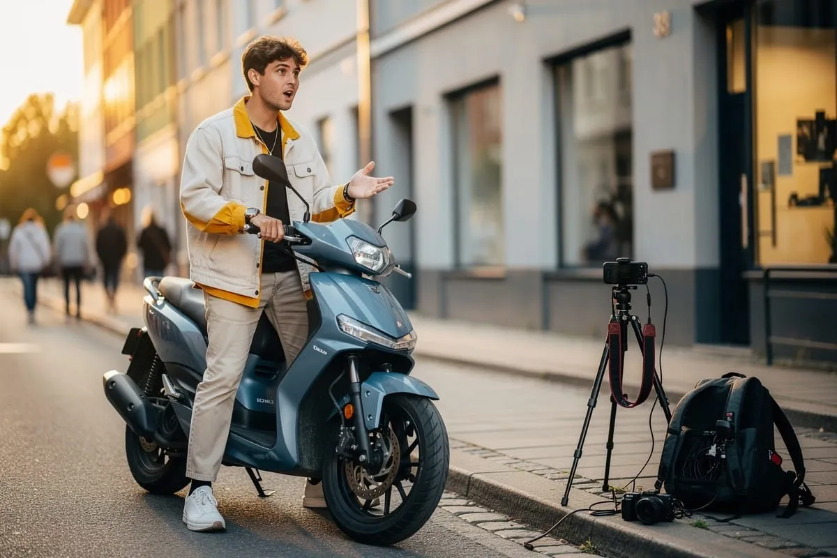 Jongeman in beige jas met gele details staat bij blauwe scooter, gebaart naar camera op statief op straat