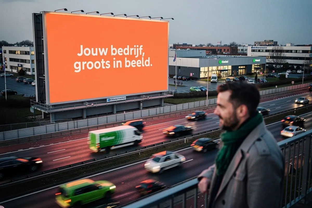 Man kijkt naar groot oranje reclamebord langs drukke snelweg met Nederlandse marketingtekst bij schemering