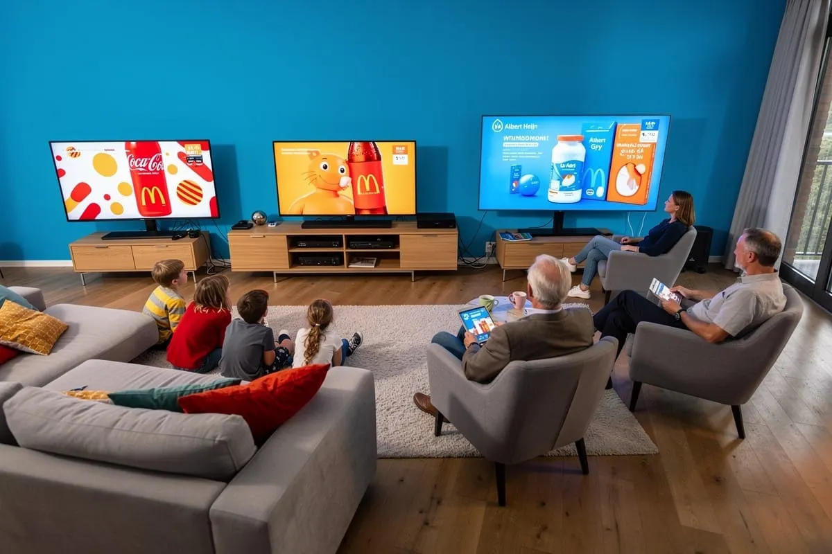 Familie in woonkamer kijkt naar drie grote tv-schermen met reclames van Coca-Cola, McDonald's en Albert Heijn