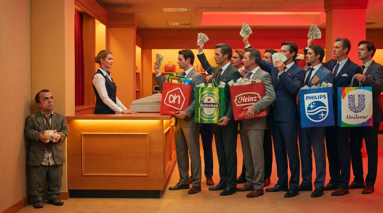 Zakenmannen met merktassen vol geld domineren een kassa. Een kleine KMO met spaarpotje staat erbij en komt er niet tussen.
