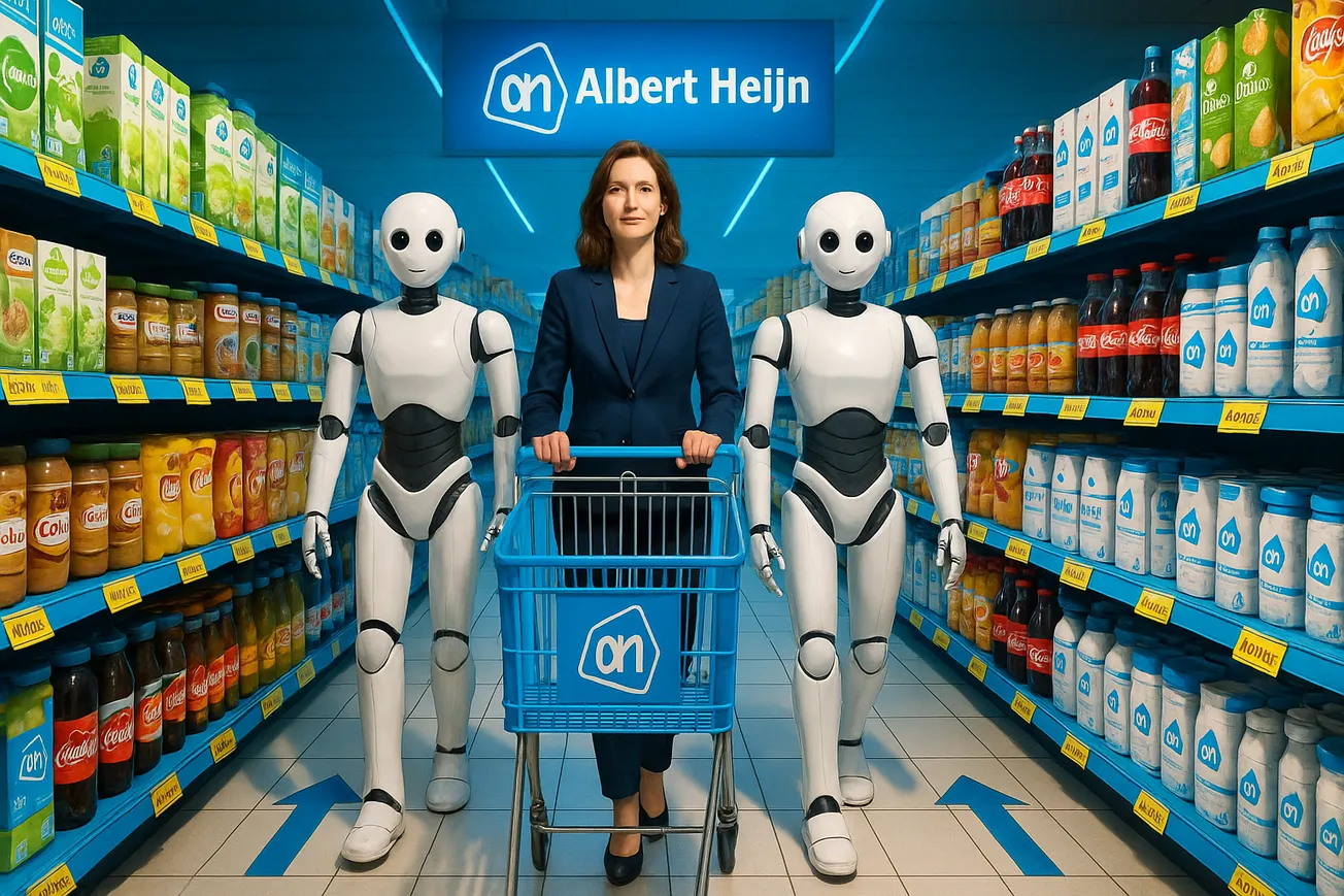 Vrouw met winkelwagen tussen schappen, omringd door meerdere autonome robots in supermarktgang met kleurrijke producten.