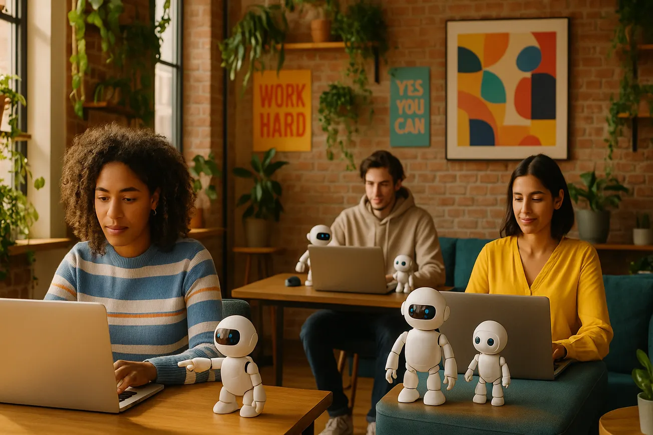 Vijf professionals rond tafel met laptops en kleine robots tijdens avondschemering in kantoor met stadszicht