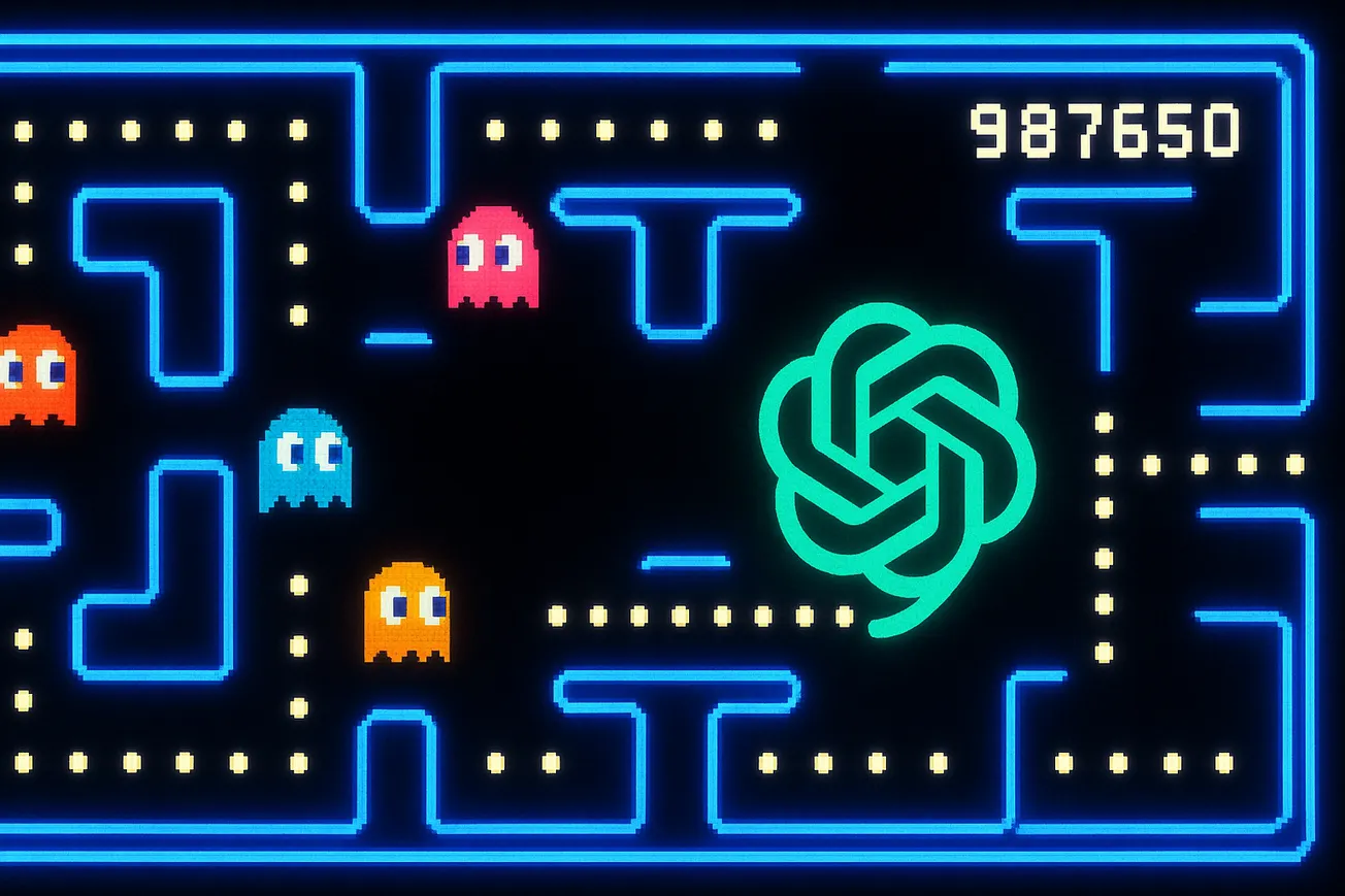 ChatGPT als Pac-Man in teal groen die alle data-muntjes opeet in het klassieke doolhof