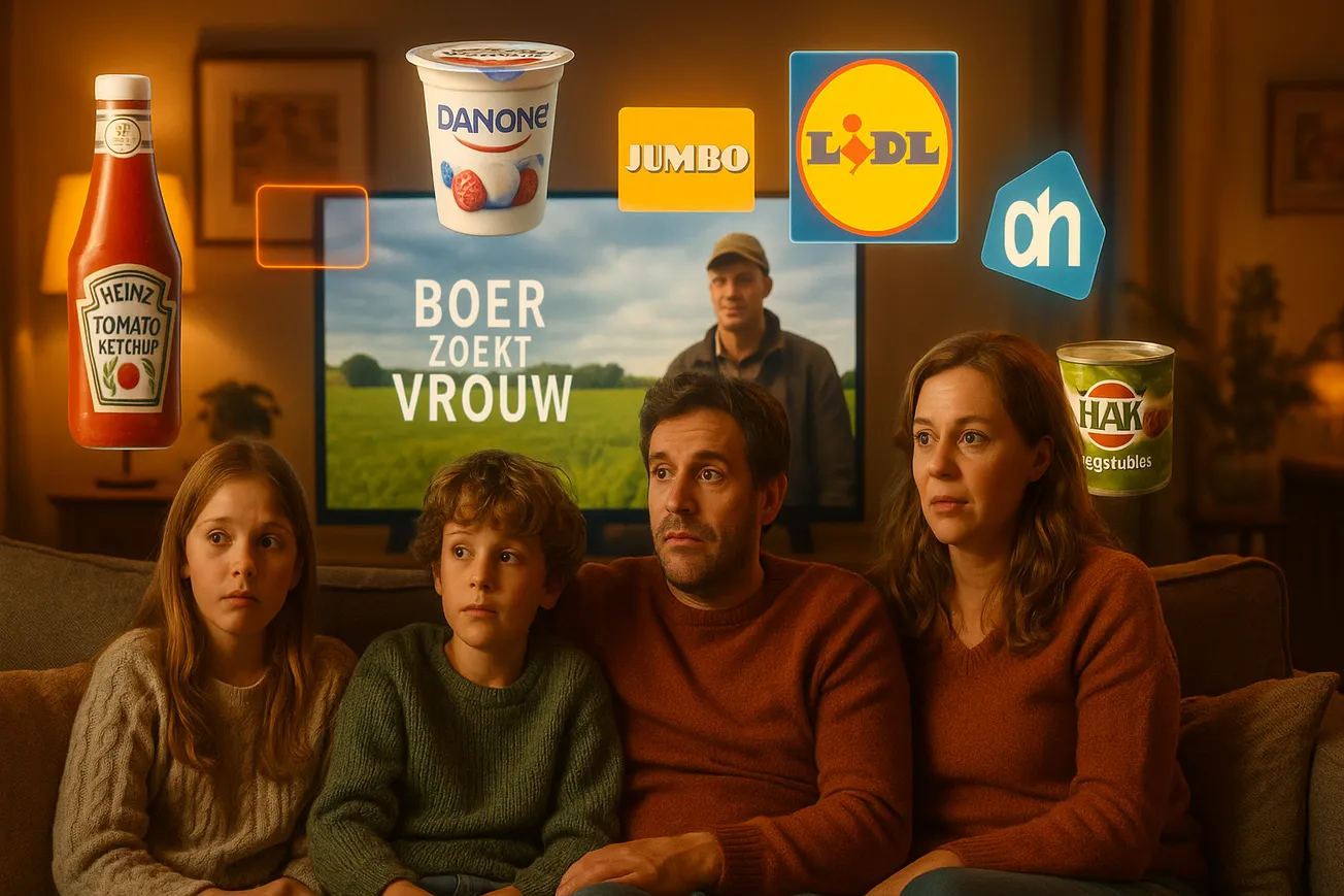 Een Nederlands gezin kijkt naar Boer zoekt Vrouw terwijl advertenties van Heinz, Danone, Jumbo, Lidl, Albert Heijn en HAK rond het scherm verschijnen