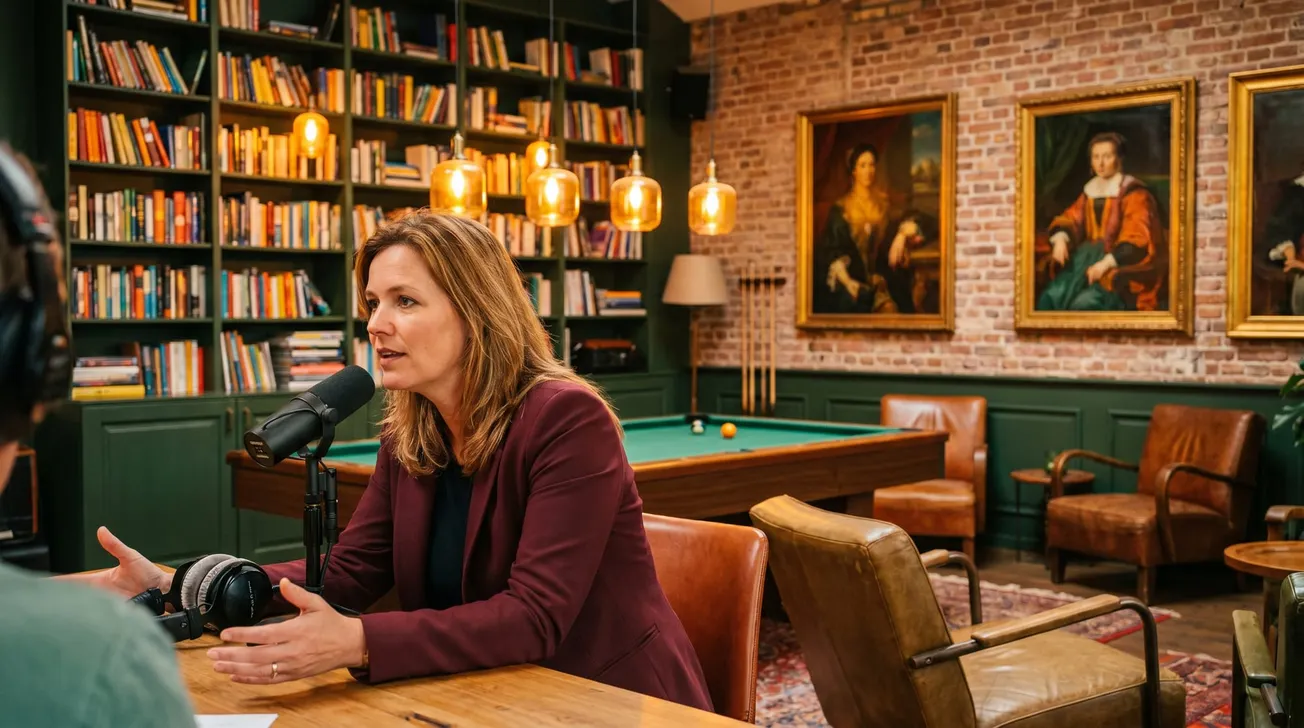 Man met koptelefoon achter studiomicrofoon, rode verlichting, dubbelbelichting met nachtelijke straatbeelden en schermen