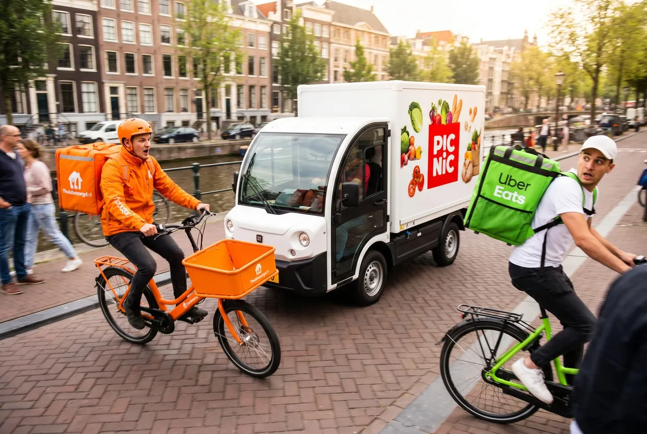 Wit-rood Picnic bezorgvoertuig in Parijs tussen twee bezorgscooters in oranje en groen uniform in stadsverkeer