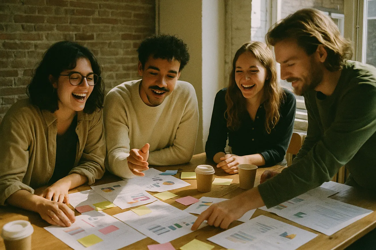 Jonge marketingprofessionals in een vrolijke heisessie, lachend rond een tafel vol post-its en papieren