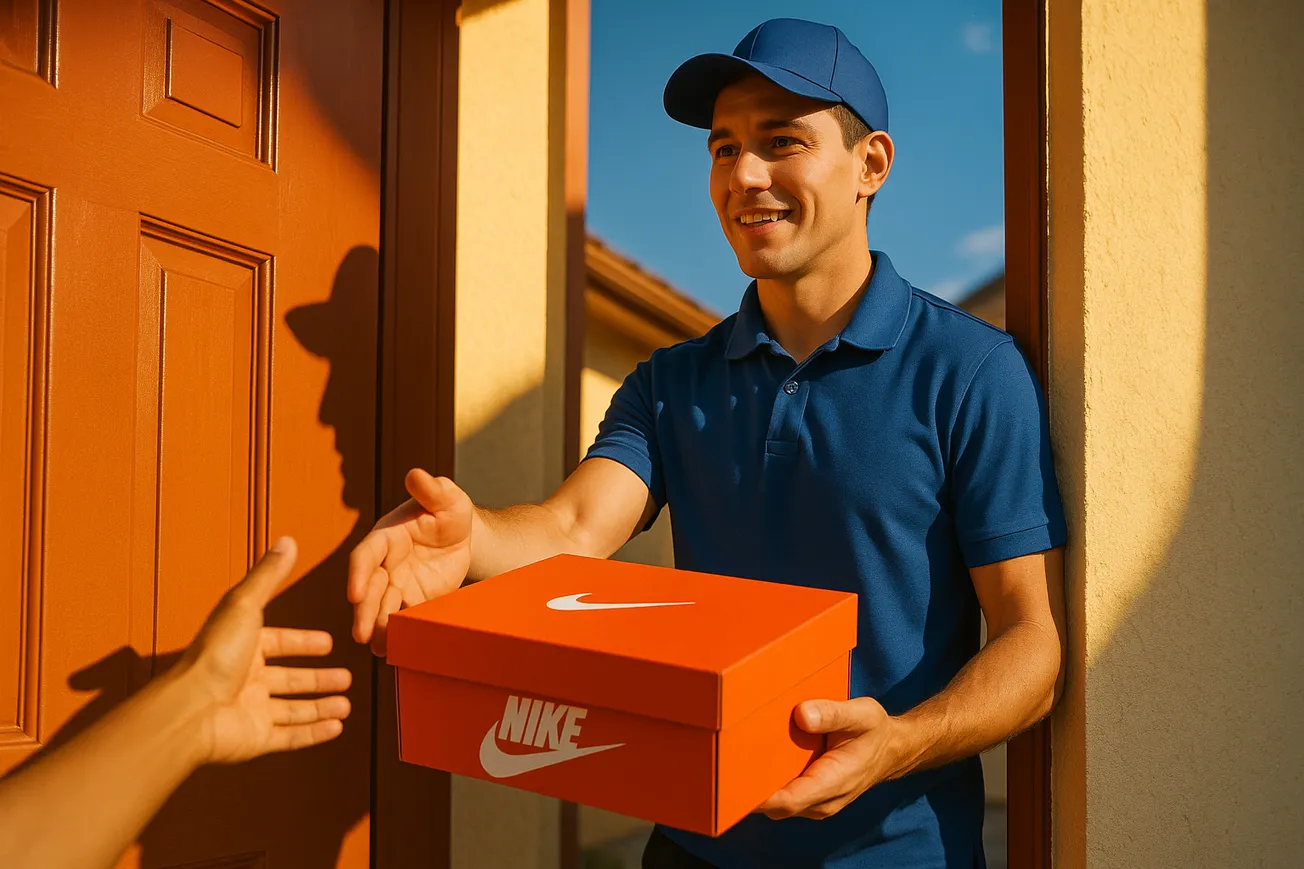 Bezorger overhandigt Nike schoendoos aan de voordeur — metafoor voor GEO