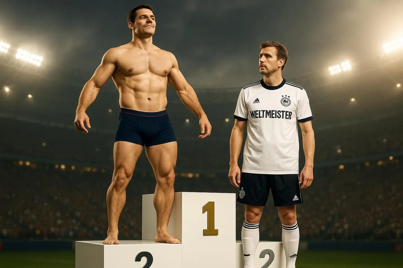 Man in Undiemeister boxershort staat op eerste place op het podium naast een Duitse voetballer in Weltmeister-shirt op de tweede plaats.