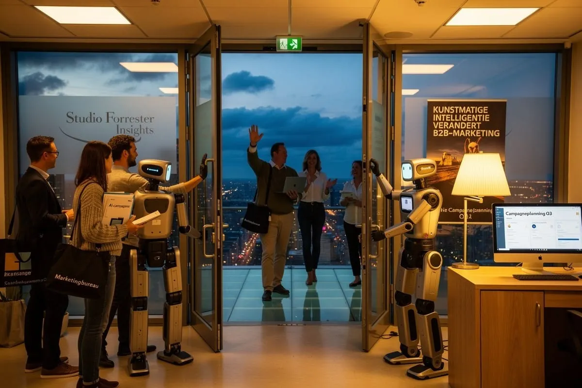 Zakelijke professionals bekijken robots in modern kantoor met glazen wanden en avondlucht op achtergrond