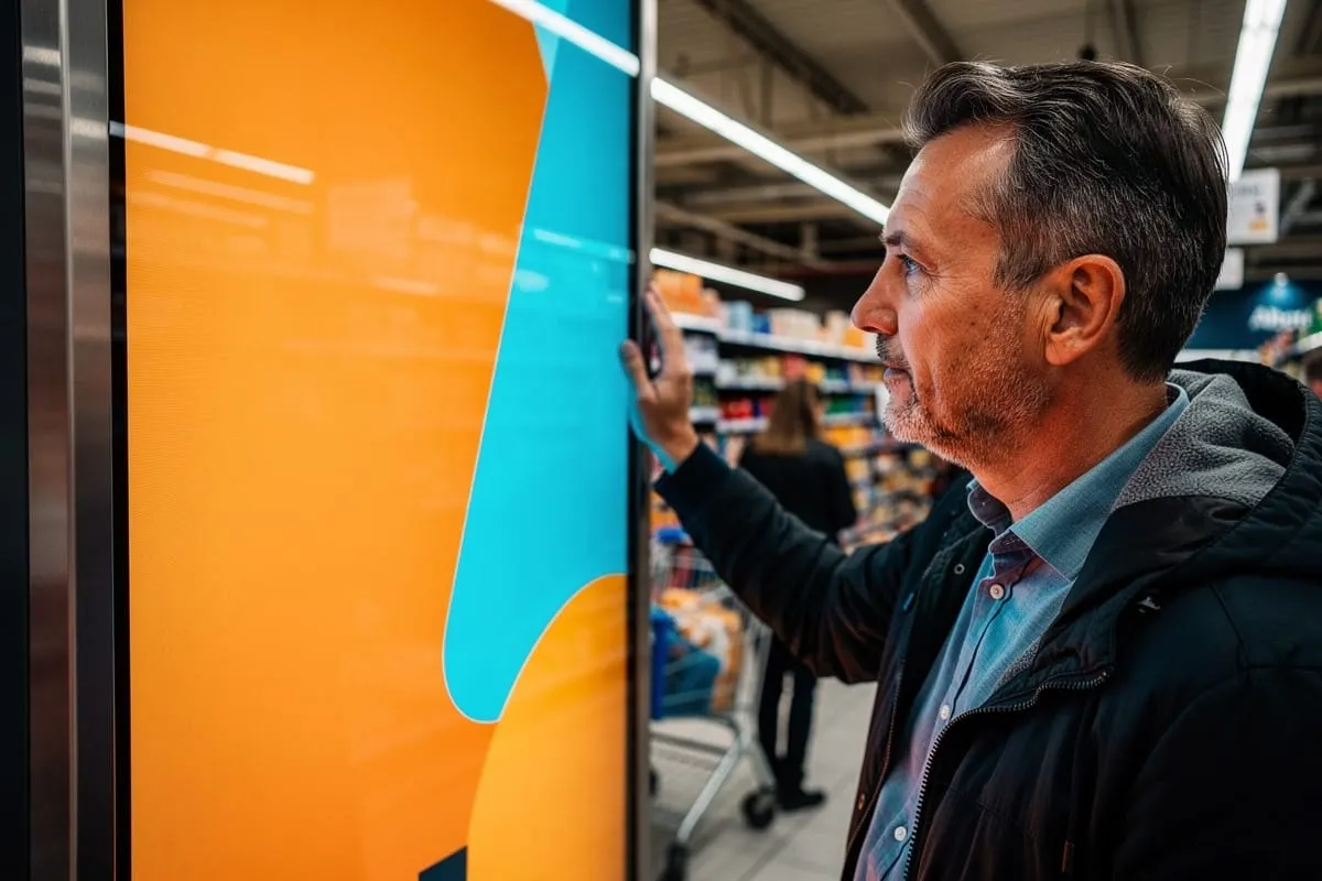 Man in donkere jas bedient oranje-blauw digitaal scherm in supermarkt, winkelgangen op achtergrond