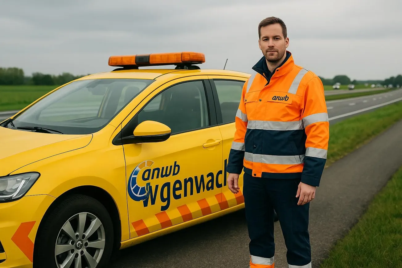 ANWB pechhulpmedewerker in geel uniform knielt bij geopende servicebus, familie kijkt toe bij schemering