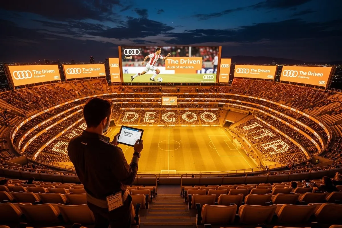 Persoon met tablet overloopt leeg voetbalstadion met oranje verlichting en grote Audi-reclameschermen rondom het veld