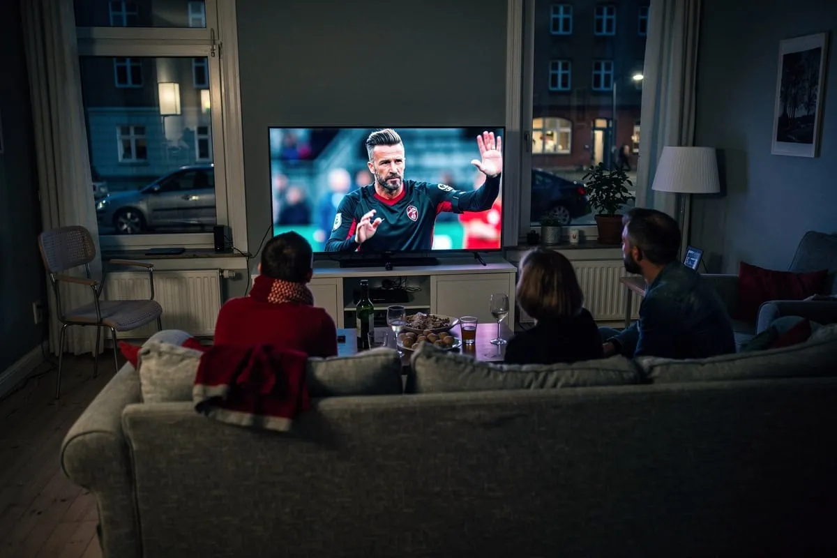 Drie mensen kijken thuis op een bank naar een voetbalwedstrijd op tv in een donkere woonkamer.