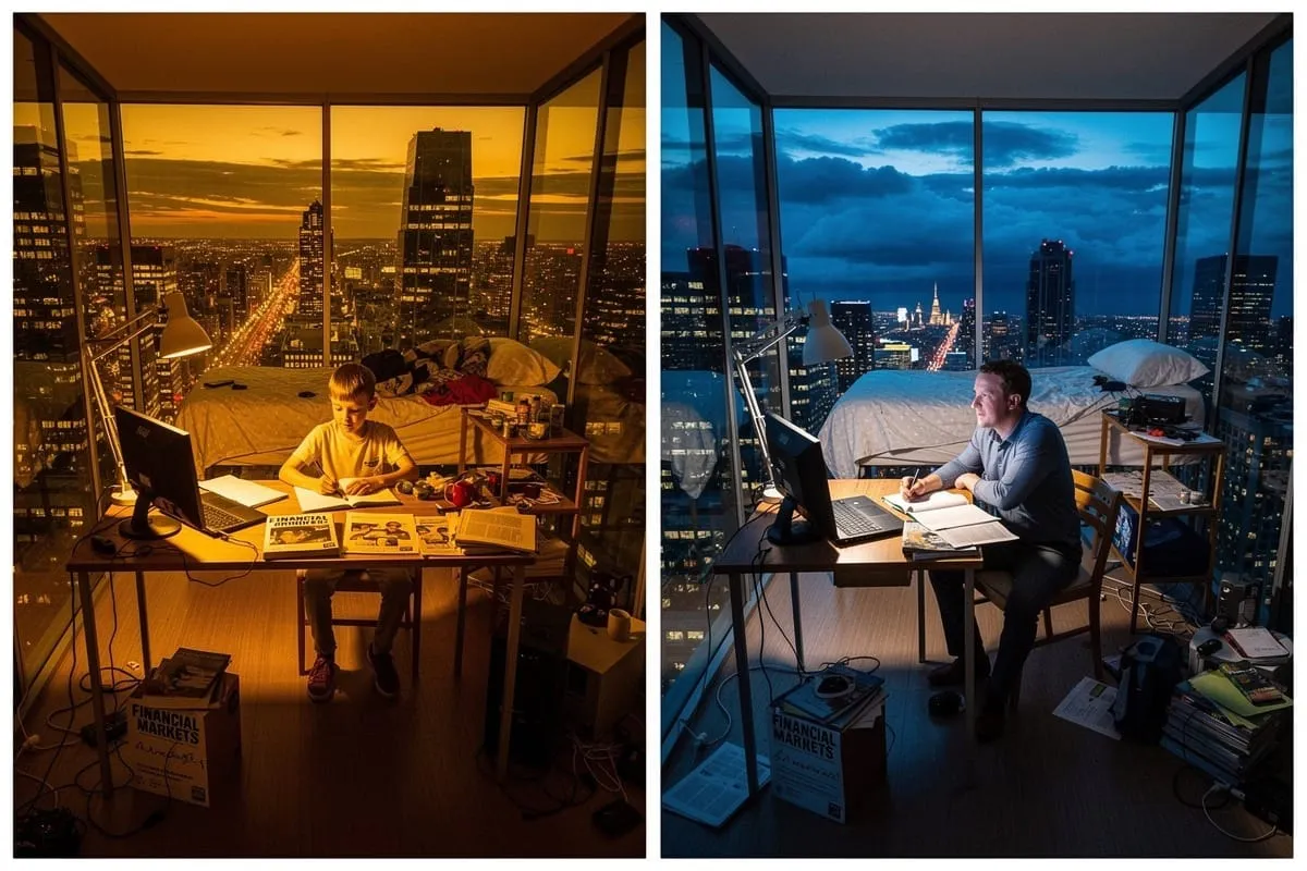 Man werkt 's avonds en 's nachts aan bureau in hoogbouwappartement met panoramisch uitzicht op verlichte stad