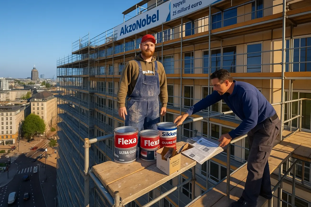 Twee schilders op steiger bij schemering met Flexa en Sikkens verfblikken, AkzoNobel gebouw op achtergrond
