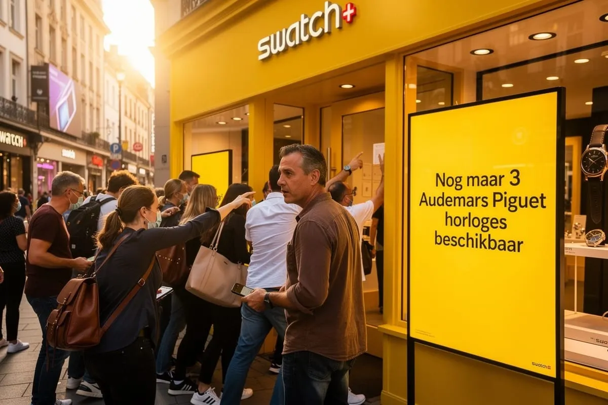 Menigte wacht voor Swatch-winkel met gele reclameborden over beschikbare Audemars Piguet horloges.