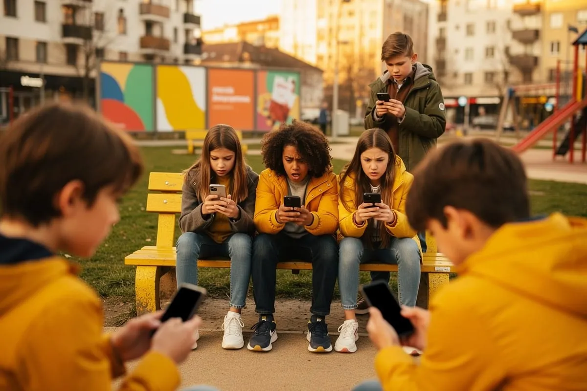 Groep jongeren zit met smartphones in park, gefocust op schermen, gele bank en stadse omgeving