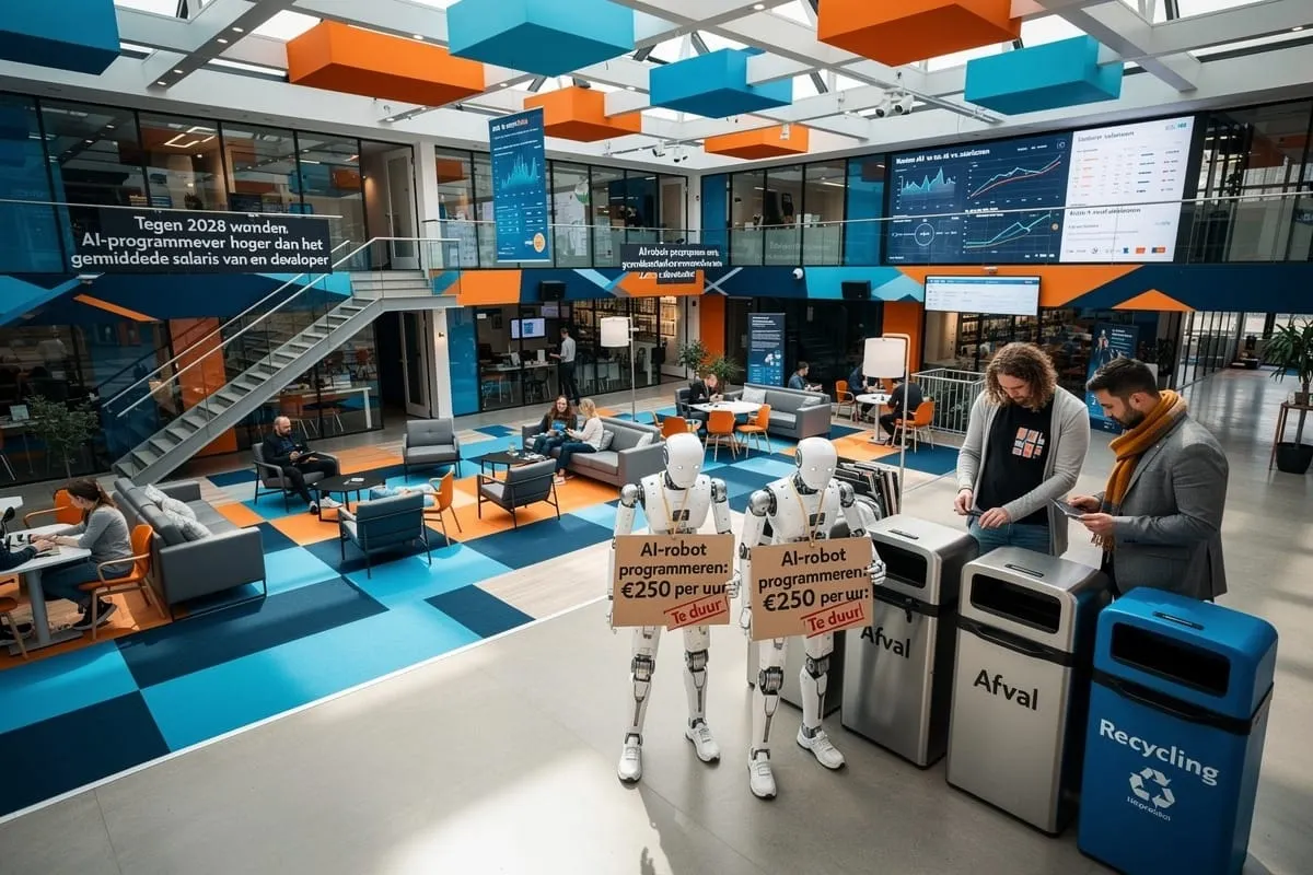 Twee humanoid robots met borden '€250 per uur' staan in moderne kantooromgeving met blauwe en oranje interieur