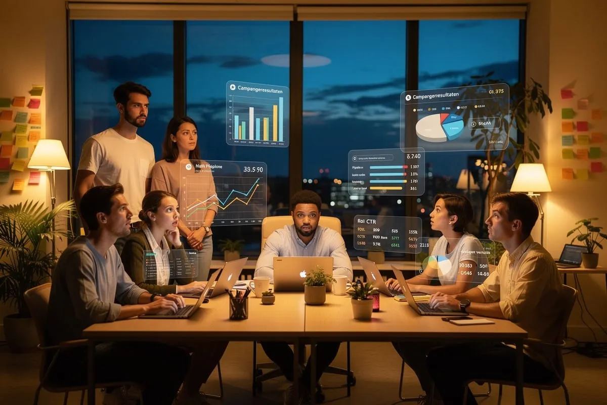 Team bespreekt digitale dashboards met grafieken en statistieken tijdens avondvergadering aan grote tafel