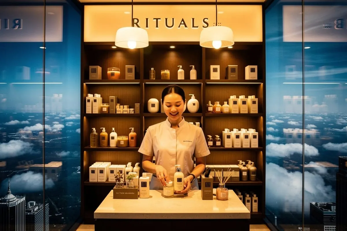 Medewerker in Rituals-winkel achter toonbank met producten, verlichte productenwand op achtergrond, glazen wanden met wolkenlucht