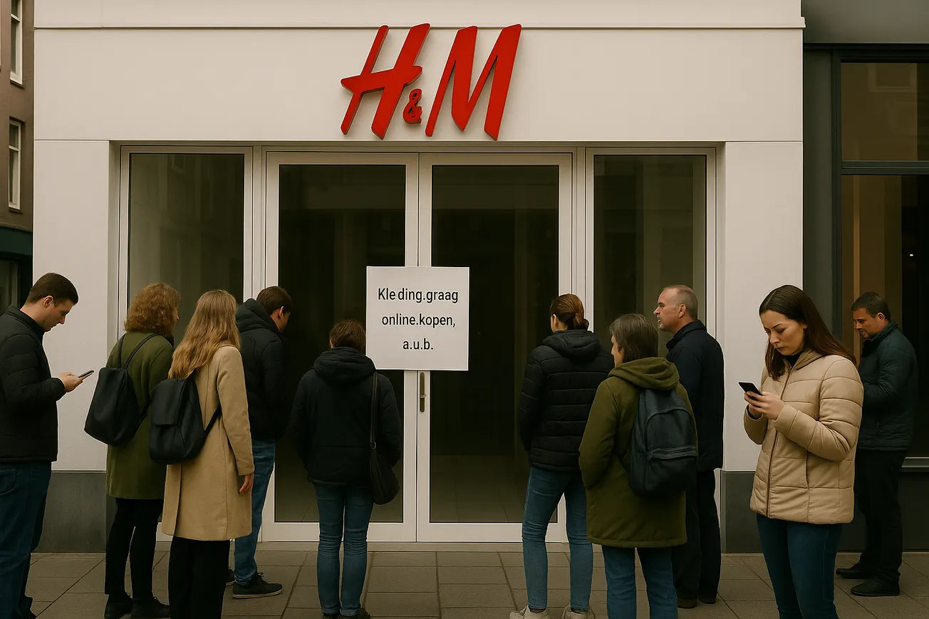Mensen voor gesloten H&M winkel met bordje kleding graag online kopen