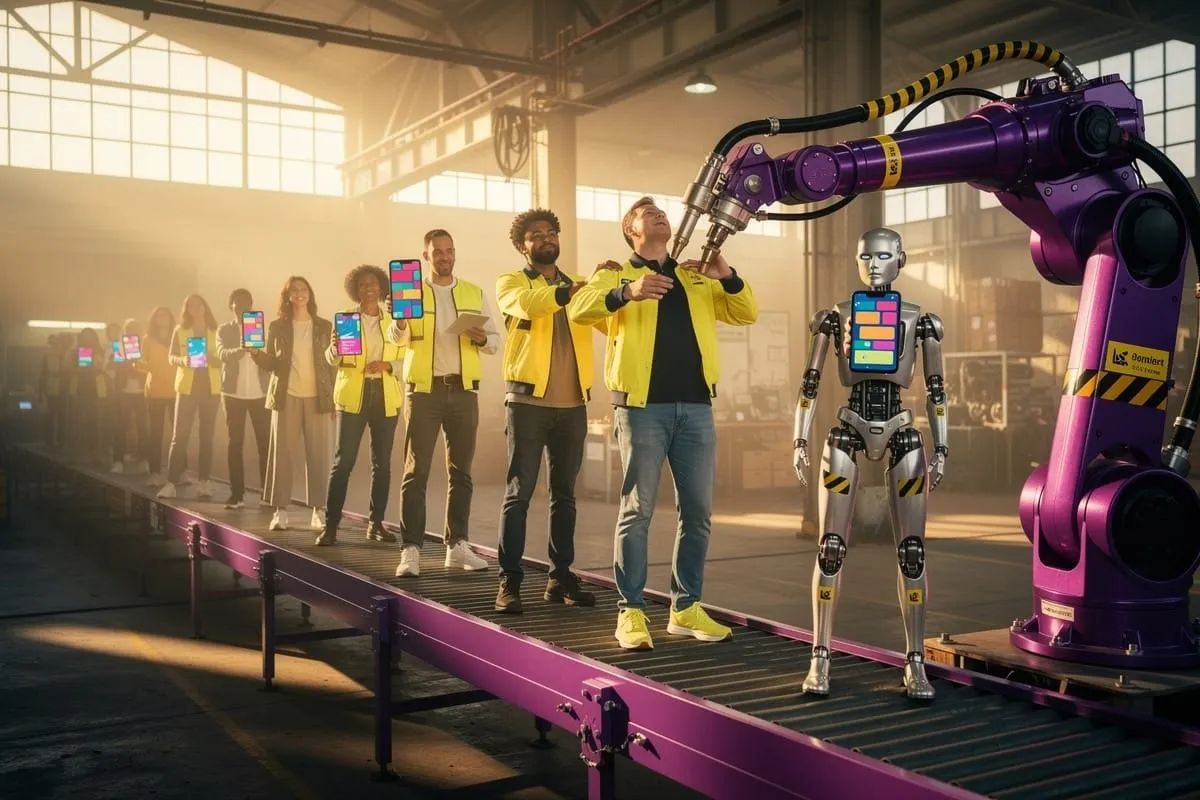 Groep mensen in gele vesten met tablets op transportband, naast paarse robotarm en humanoïde robot in industriële hal