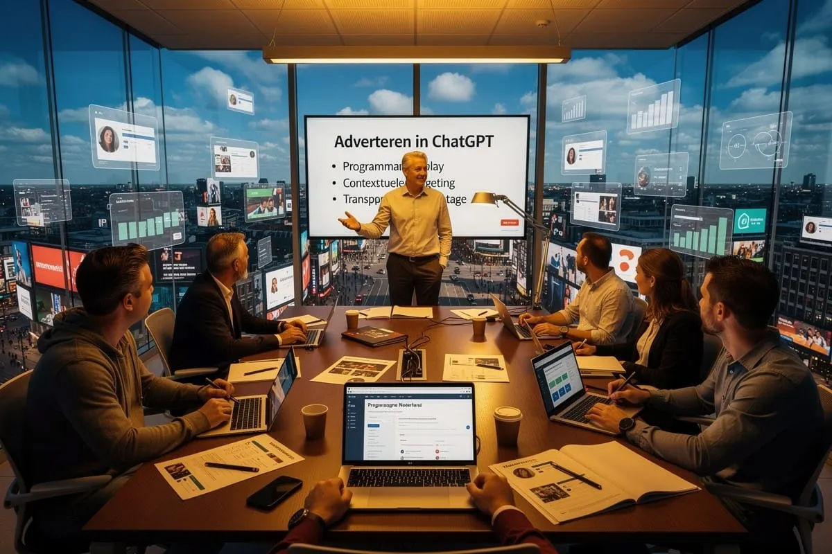 Een presentator in geel overhemd toont een slide over ChatGPT-advertising aan een vergadertafel met zes professionals met laptops.