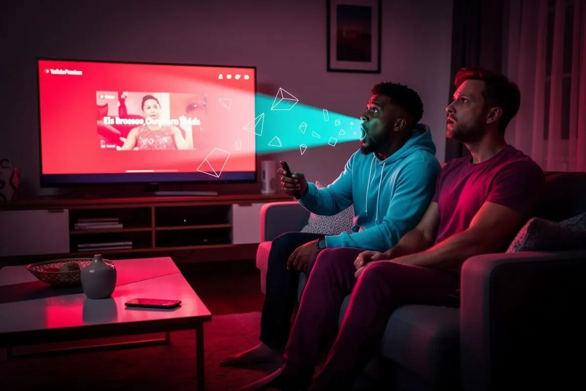Twee mannen kijken naar YouTube op tv in paars-rood verlichte woonkamer, één houdt afstandsbediening vast.