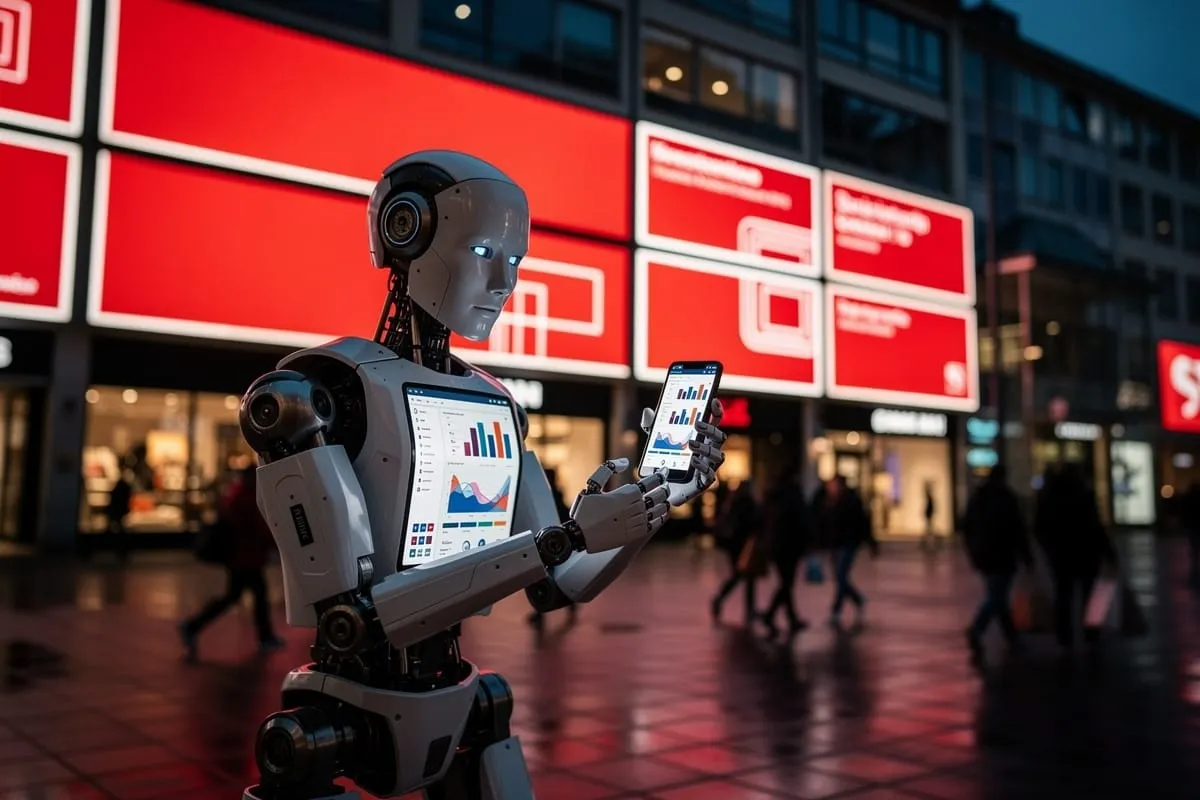 Humanoïde robot met tablet en smartphone toont kleurrijke grafieken voor rode winkelreclame in stadsstraat