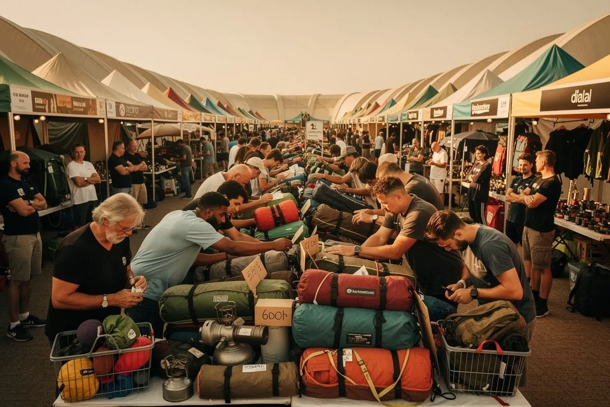 Bezoekers bekijken tweedehands outdoorspullen op een markt onder een tent met gekleurde doeken