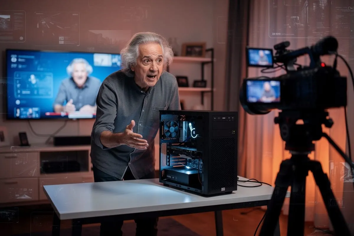 Oudere man presenteert gaming-pc voor camera in studio met monitoren en videoapparatuur
