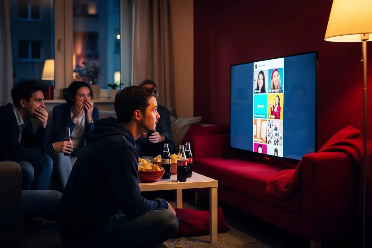 Groep jongeren kijkt naar televisie met social media-achtige interface op scherm, snacks en drankjes op tafel