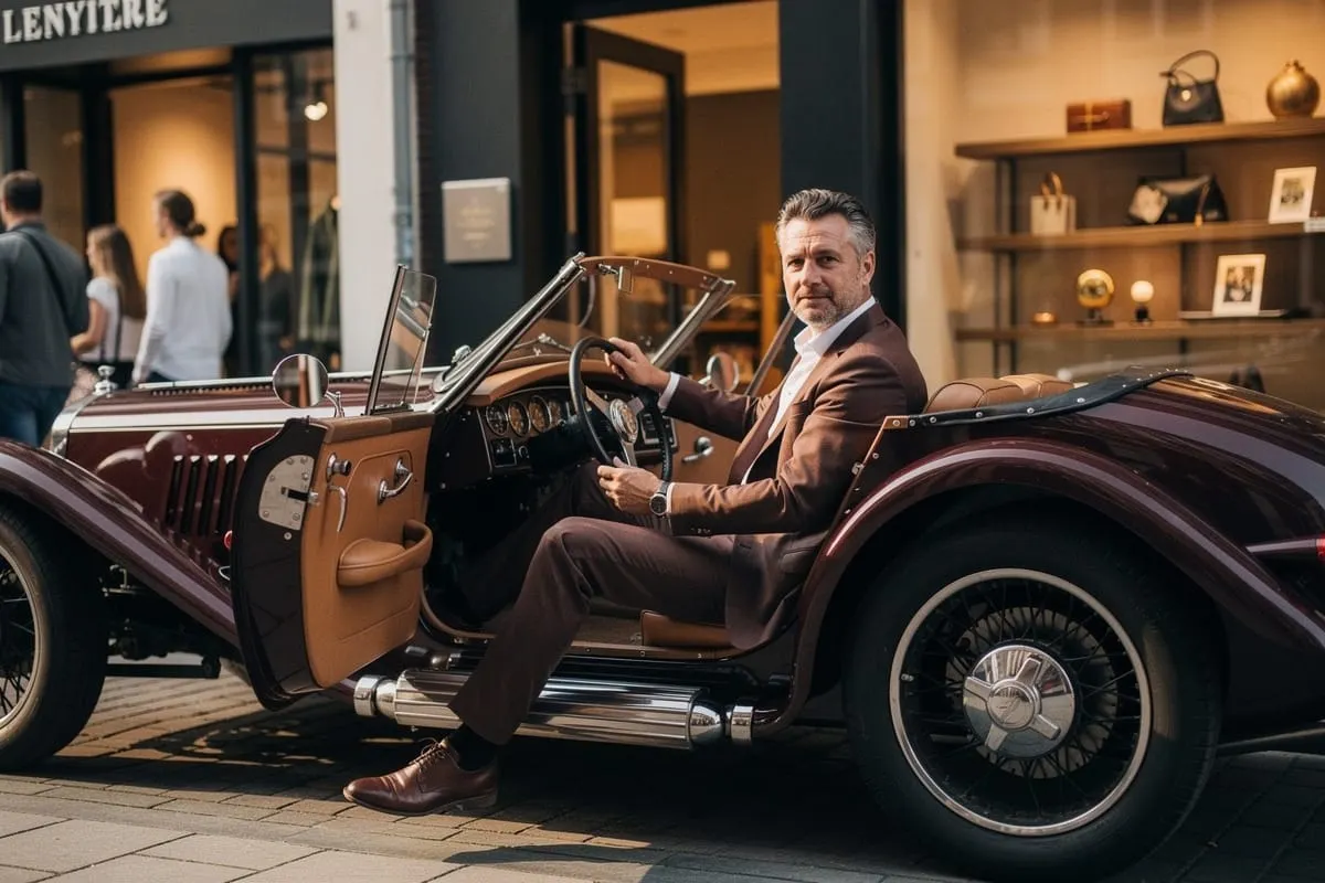 Man in bruin pak zit in bruinrode klassieke open sportwagen in showroom met houten interieur