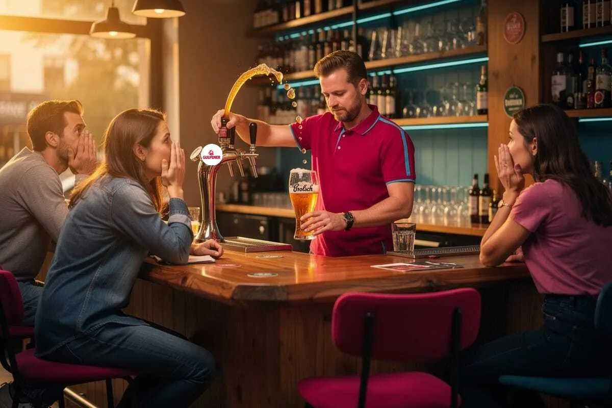 Barman tapt Grolsch bier aan tap voor drie gasten aan houten bartafel in modern café