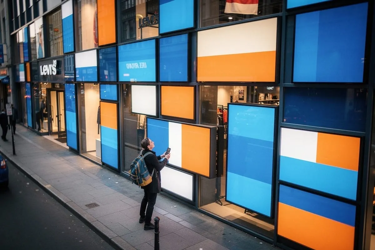 Persoon met rugzak fotografeert kleurrijke etalage met blauwe, oranje en witte panelen bij Levi's winkel