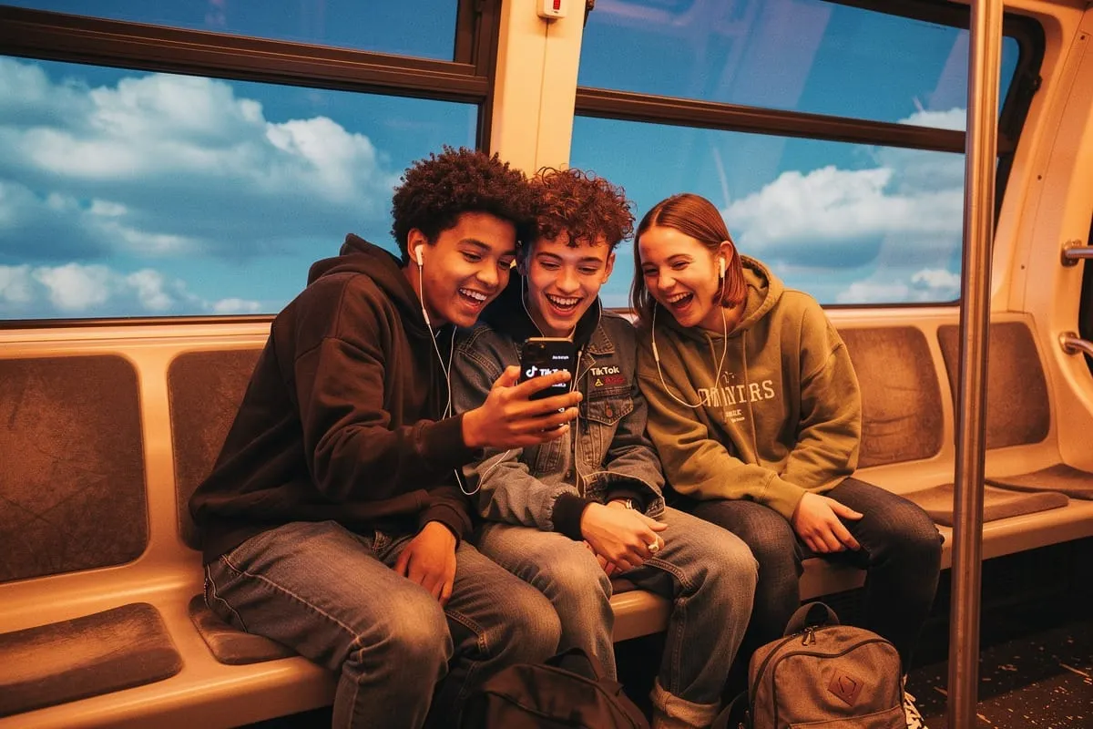 Drie jongeren kijken lachend naar een smartphone met TikTok-logo in een trein bij daglicht