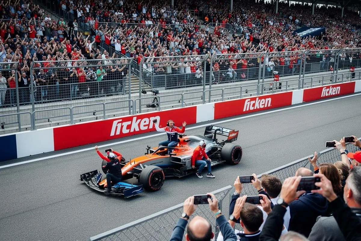 Twee mensen in rood zwaaien op oranje Formule 1-wagens, omringd door publiek met smartphones langs circuit